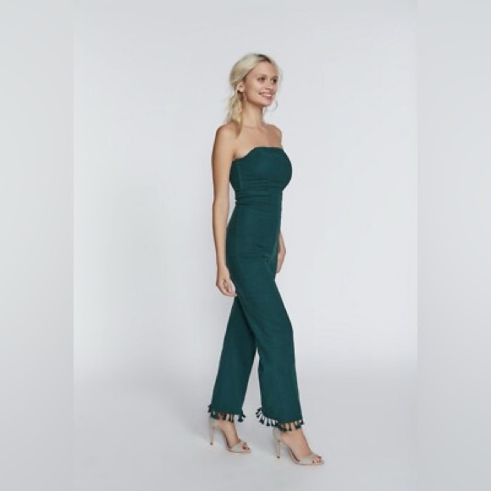 Stone Cold Fox Strapless Green Boho Tassel Hem Jumpsuit Size 1 EUC Size S